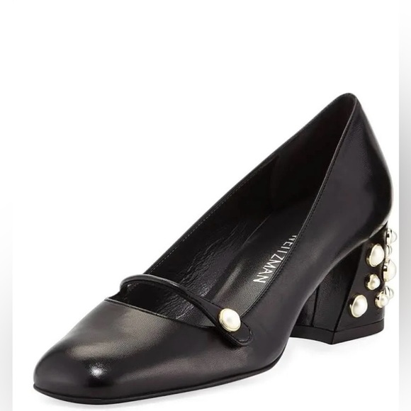 Stuart Weitzman Pearlstrap Square Toe Angled Block Heel Mary Jane Leather Pump - Picture 2 of 14